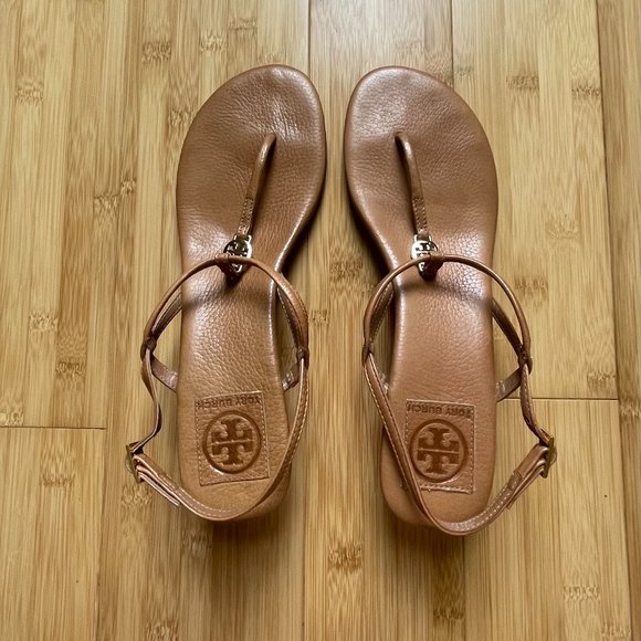 COPY - Tory Burch Emmy Demi Thong T-Strap Wedge Sandals in Royal Tan Leather Si… - Picture 2 of 7